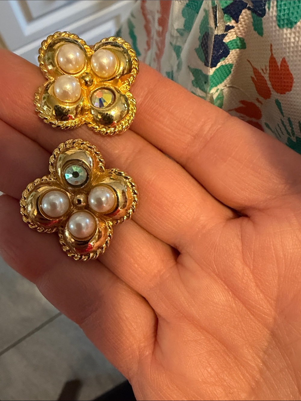 Gold Pearl/ab glass Cluster clover Earrings pierced unsigned good weight to them